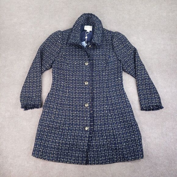 Sail to Sable Tweed Coat Womens Size Large Long Blue‎ Gold Button Front Sequence - Picture 1 of 14